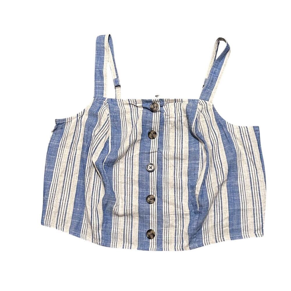 TORRID 1 Plus Size Linen Blend Button Crop Tank Top Beige & Blue Stripe, NWT - Picture 4 of 9